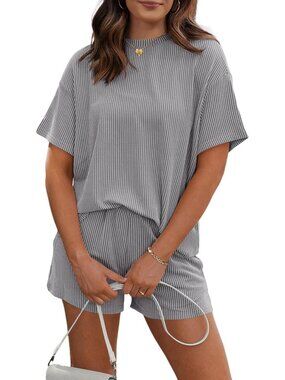 〽️Women's Shorts Set Gray Short Sleeves 2 Piece Oversized Matching Tracksuit